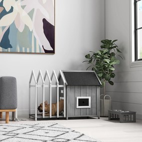 PawHut Niche pentru câine de exterior din lemn casă pentru câine de exterior cu terasă, ușă cu plăci, 106 x 62,5 x 80,5 cm, gri | Aosom Romania