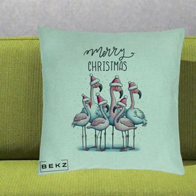 Perna Decorativa Flamingo Merry Christmas, 40x40 cm, Verde Menta, Husa Detasabila, Perna Inclusa, BEKZ®