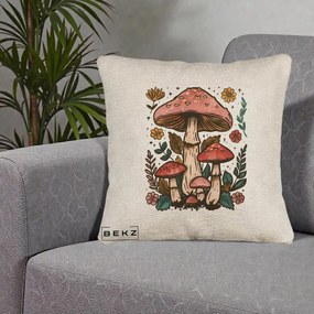 Perna Decorativa Ciuperci Vintage Floral, 40x40 cm, Bej Canapea, Husa Detasabila, Perna Inclusa, BEKZ®