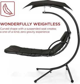 Șezlong suspendat din oțel, cu pernă încorporată, baldachin detașabil, Negru