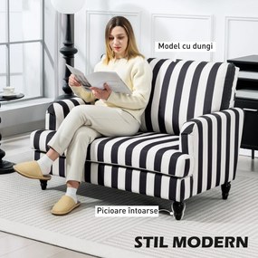 HOMCOM Fotoliu de Living cu Șezut Larg și Cotiere Lungi, Fotoliu din Catifea cu Dungi și Umplutură Groasă, 115x82x82 cm, Negru și Alb | Aosom Romania