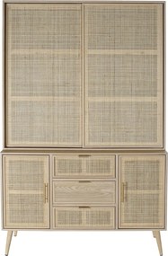 Vitrină din lemn de paulownia, natur, cu 4 uși, 3 sertare și 3 rafturi, panouri din ratan împletit, finisaj natural, 196 x 120 x 38,5 cm, „Sully”