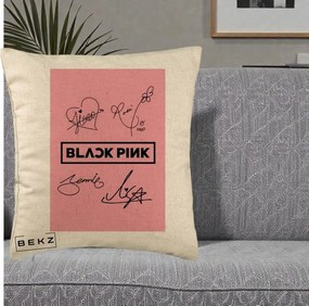 Perna Personalizata K-pop BLACKPINK Semnaturi Roz, 40x40 cm, Bej, Husa Detasabila, Perna Inclusa, BEKZ®