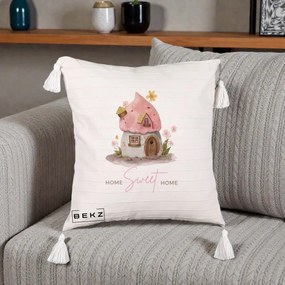 Perna Decorativa Home Sweet Home Casuta, 40x40 cm, Bej cu Franjuri, Husa Detasabila, Perna Inclusa, BEKZ®