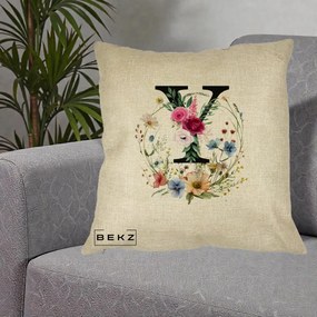 Cadou Personalizat - Perna Personalizata Monograma Florala Litera Y cu Coroana, 40x40 cm, Crem, Husa Detasabila, Perna Inclusa, BEKZ®