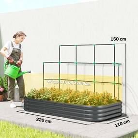 Outsunny Jardiniere Ridicate din Metal cu Grilaj, Pat de Grădină Înălțat cu Fund Deschis, Mănuși și Grilaj pentru Plante Cățărătoare, Legume și Flori, 220x110x150 cm, Gri Închis | Aosom Romania