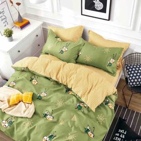 Lenjerie de pat cu elastic, tesatura tip finet, pat 2 persoane, 6 piese, verde, FNJE-136