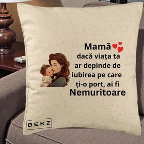 Cadou pentru Mama - Perna Personalizata Mama Nemuritoare cu Bebelus Lineart, 40x40 cm, Bej, Husa Detasabila, Perna Inclusa, BEKZ®