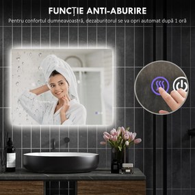 HOMCOM Oglindă de Baie LED cu Ramă, Anti-Abur, 3 Temperaturi de Culoare și Memorie, 80x60x4 cm, Transparent | Aosom Romania