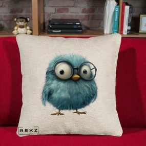 Perna Decorativa Pui Pufos Teal cu Ochelari, 40x40 cm, Bej Canapea, Husa Detasabila, Perna Inclusa, BEKZ®