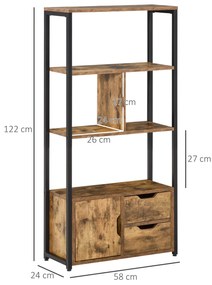HOMCOM Biblioteca cu 3 Rafturi, Dulap si 2 Sertare, Biblioteca Stil Industrial din PAL si Metal, 58x24x122 cm, Negru si Lemn natur | Aosom Romania