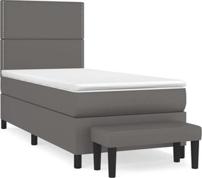 vidaXL Pat box spring cu saltea, gri, 90x200 cm, piele ecologică