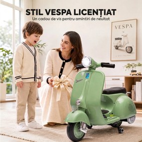 AIYAPLAY Motocicletă Electrică pentru Copii 3+ Ani, Licență VESPA, 6V, cu Roți Ajutătoare Detașabile, Max. 30 kg, Verde | Aosom Romania