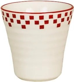 Cană din ceramică artizanală, natur, cu motive geometrice pictate manual roșu și bordură decorativă, fără mâner, 10×10 cm, „Marion"