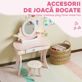AIYAPLAY Set Masă de Toaletă pentru Copii cu Oglindă și Scaunel, 7 Accesorii de Joc, Sertar, Depozitare pe Birou, Roz | Aosom Romania