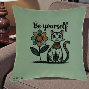 Perna Personalizata Be Yourself Pisica Folk, 40x40 cm, Verde, Husa Detasabila, Perna Inclusa, BEKZ®