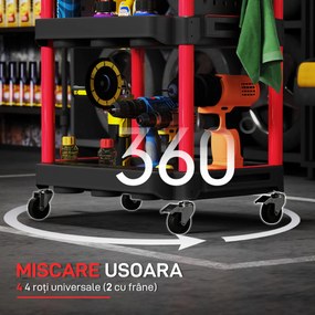 HOMCOM Cărucior pentru Scule 3 Nivele din Plastic cu Panou Lateral Roșu Negru | Aosom Romania