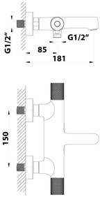 Baterie negru-mat pentru cadă cu montare pe perete (2 ieșiri) Solaris – Sapho