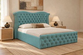 Pat tapițat Chesterfield Avella 140×200 cm, verde marin, cu ladă de depozitare