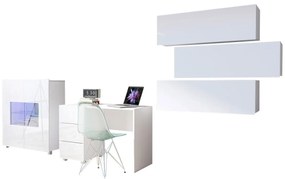 Set de mobilier Providence B134Alb lucios, Alb, Cu masa de birou, Cu componente suplimentare, Părți separate, Sticlă călită, PAL laminat, 315x50cm, 117 kg