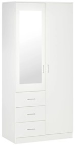 HOMCOM Dulap modern garderoba 2 usi cu oglinda si 3 sertare albe, rafturi reglabile si bara pentru umerase, 80x50x180cm, alb