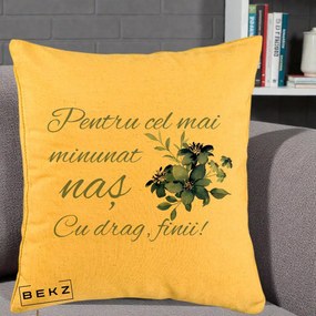 Cadou pentru Nas - Perna Personalizata Pentru Cel mai Minunat Nas Cu drag Finii, 40x40 cm, Galben, Husa Detasabila, Perna Inclusa, BEKZ®