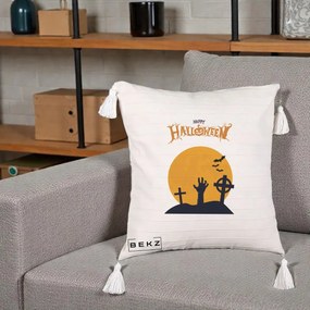 Perna Decorativa Happy Halloween Cimitir cu Luna, 40x40 cm, Bej cu Franjuri, Husa Detasabila, Perna Inclusa, BEKZ®