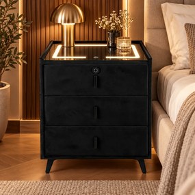 Noptieră inteligentă multifuncțională, 3 sertare, blocare cu amprentă, LED-uri tactile, 3 tipuri de culoare, încărcare fără fir, Difuzor Bluetooth, incarcare USB, sticla securizata, catifea, Negru