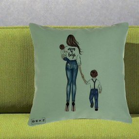 Cadou pentru Mama - Perna Personalizata Mom of Boys Mama cu Baietii, 40x40 cm, Verde, Husa Detasabila, Perna Inclusa, BEKZ®
