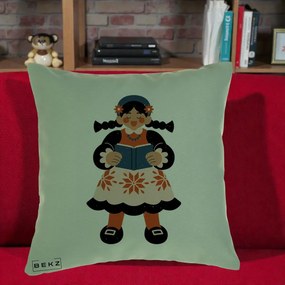 Perna Personalizata Fetita cu Carte Ilustratie Folk, 40x40 cm, Verde, Husa Detasabila, Perna Inclusa, BEKZ®