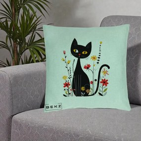 Perna Decorativa Pisica Neagra Ochi Galbeni Flori, 40x40 cm, Verde Menta, Husa Detasabila, Perna Inclusa, BEKZ®