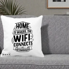 Perna Decorativa Home Is Where WiFi Connects, 40x40 cm, Alba Mata, Husa Detasabila, Perna Inclusa, BEKZ®