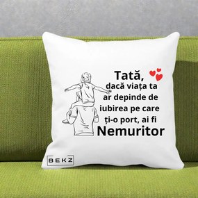 Cadou pentru Tata - Perna Personalizata Tata Supererou Nemuritor, 40x40 cm, Alba Mata, Husa Detasabila, Perna Inclusa, BEKZ®