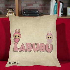 Perna Personalizata Labubu Duo Roz-Lila cu Text, 40x40 cm, Crem, Husa Detasabila, Perna Inclusa, BEKZ®