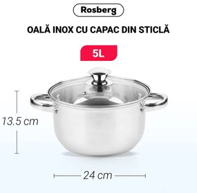 Oala Rosberg R51210O24, 5L, 24 cm, Capac din sticla, Inox