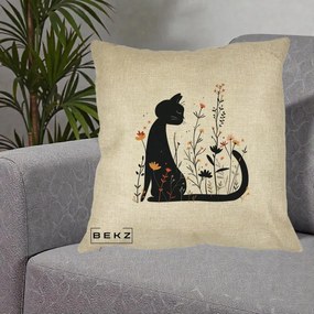 Perna Decorativa Pisica Neagra Flori Portocalii Silueta, 40x40 cm, Crem, Husa Detasabila, Perna Inclusa, BEKZ®