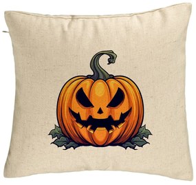 Perna Decorativa cu motiv Dovleac de Halloween 1, 40x40 cm, Bej, Husa Detasabila, Burduf