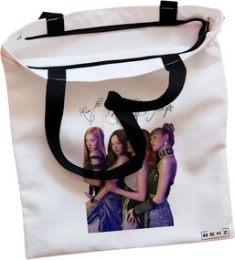 Sacosa de Panza pentru Cumparaturi, Geanta Tote, model Blackpink 9 cu semnaturii, Cu fermoar, 38x34.5 cm, Alba, BEKZ®