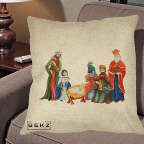 Perna Decorativa Nasterea Domnului Cei Trei Magi Acuarela, 40x40 cm, Crem, Husa Detasabila, Perna Inclusa, BEKZ®