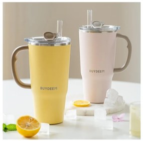 Pahar termo cu pai incorporat Buydeem DS57-MY, 700 ml, Cald/rece pana la 6 ore, Vid, Maner, Otel inoxidabil, Fara BPA, Galben