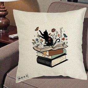 Perna Personalizata Pisica Neagra Carti Flori Fluturi, 40x40 cm, Ecru, Husa Detasabila, Perna Inclusa, BEKZ®