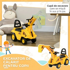 HOMCOM Excavator pentru copii cu cupă și spațiu de depozitare, claxon, volan, 18-48 luni, galben | Aosom Romania