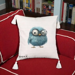 Perna Decorativa Pui Pufos Teal cu Ochelari, 40x40 cm, Bej cu Franjuri, Husa Detasabila, Perna Inclusa, BEKZ®