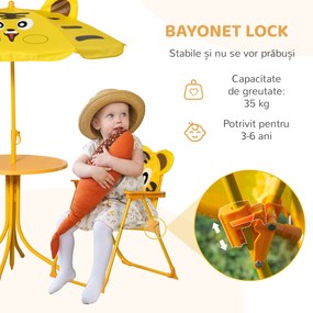 Outsunny Set de Grădină 4 Piese pentru Copii cu Model Tigru și Măsuță Rotundă, 2 Scaune Pliabile și o Umbrelă Reglabilă, Măsuță cu Scaune pentru Copii 3-6 Ani de Exterior, Galben | Aosom Romania
