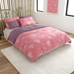 Lenjerie de pat din bumbac, reversibila, INIMI SI BULINE roz