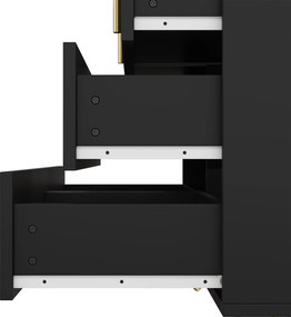 Bufet cu 6 sertare, mânere și picioare aurii, textură ondulată, 120x40x77 cm, Negru+Aurii