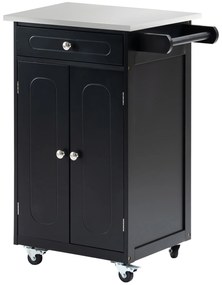 HOMCOM Căruț de servire pentru bucătărie pe roți, multiple spații de depozitare, 1 sertar, dulap cu 2 uși și raft, suport prosop, MDF negru, oțel inoxidabil | Aosom Romania
