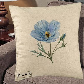 Perna Decorativa Mac Albastru Acuarela, 40x40 cm, Bej, Husa Detasabila, Perna Inclusa, BEKZ®