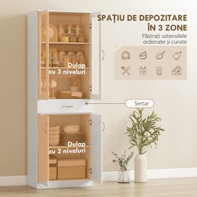 HOMCOM Dulap de Bucătărie Înalt 180 cm cu Uși din Sticlă Soft-Close, Sertar și 2 Dulapuri, Polițe Reglabile, Alb | Aosom Romania