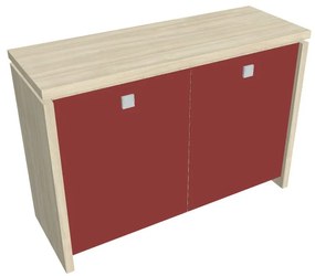 Dulap mic Verno 128 x 46 x 90 cm, uși de sticlă, salcâm / roșu